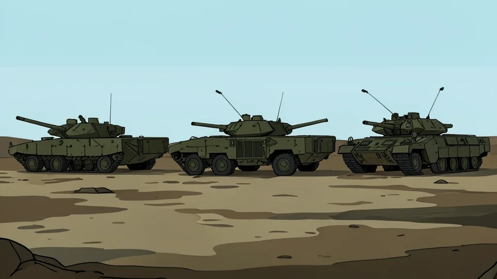 A row of abandoned military tanks and armored vehicles in a muddy field
