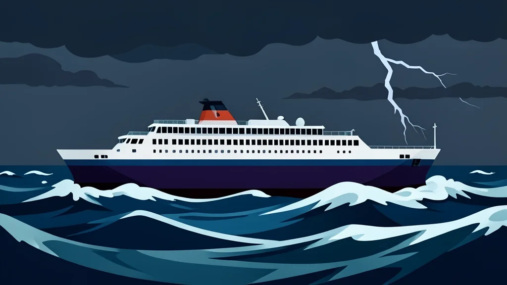 A large passenger ferry navigating through rough, choppy ocean waves under a dark, stormy sky