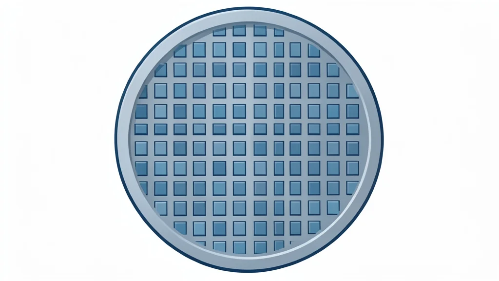 A close-up view of a silicon wafer with a grid of square chips