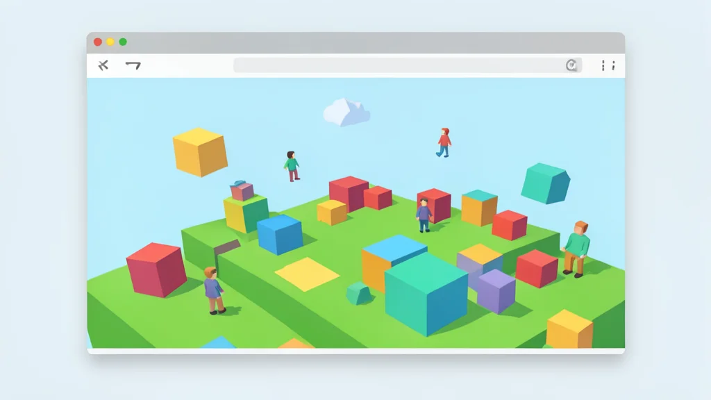 A stylized web browser window interface displaying a colorful, blocky 3D game world with floating cubes and simple geometric characters.