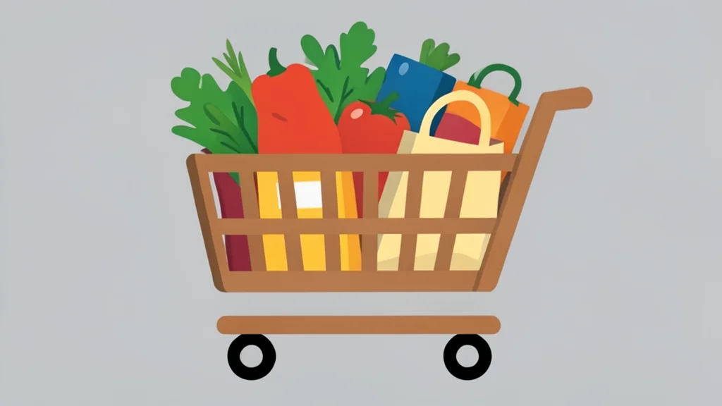 A wooden shopping cart filled with fresh produce and grocery bags