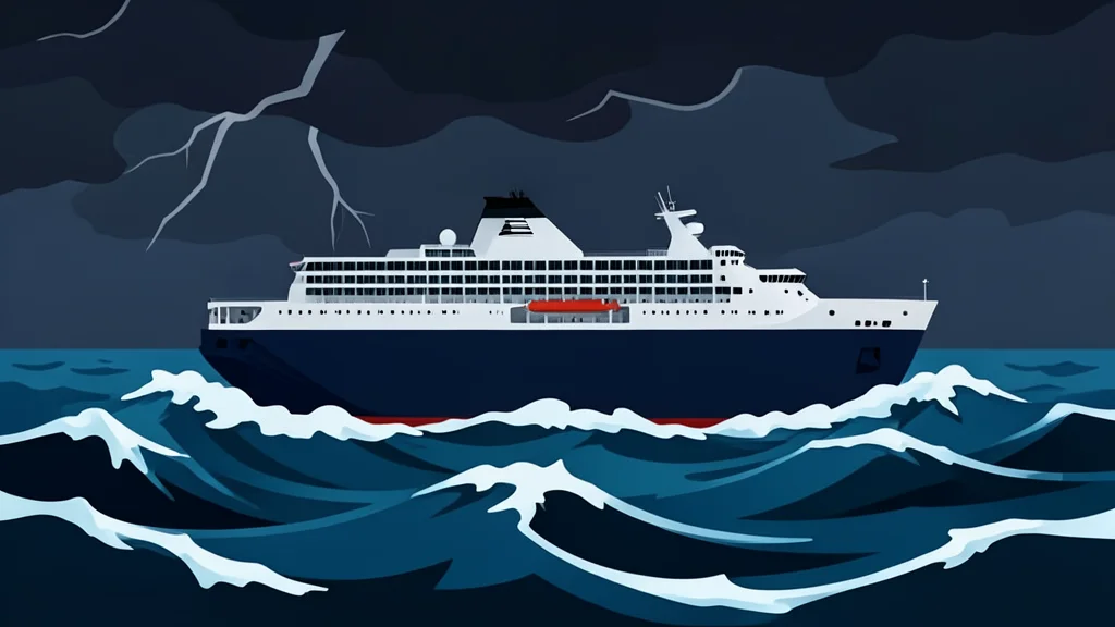A large passenger ferry navigating through rough, choppy ocean waves under a dark, stormy sky.