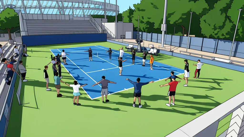 A red clay tennis court with a white net and a single yellow tennis ball resting on the surface