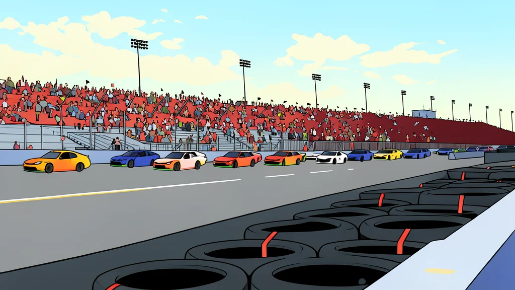 A long, straight stretch of asphalt racing track bordered by red and white striped safety barriers and tire walls.