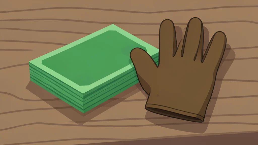 A stack of generic currency bills next to a single, worn-out work glove on a wooden table