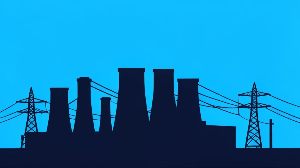 A large industrial power station with cooling towers and transmission lines standing against a clear sky