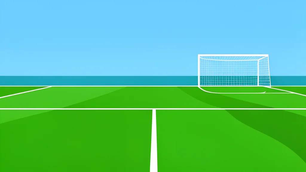 A flat-vector illustration of a grass football pitch with white boundary lines and a goal net in the distance.
