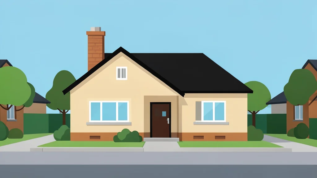 A single-story house with a chimney and front door on a quiet residential street