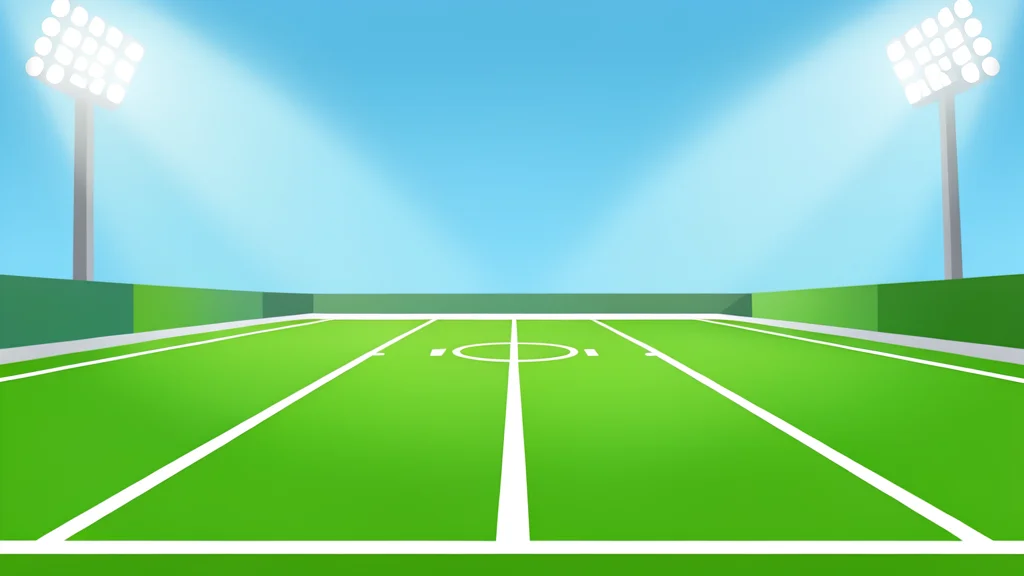 A grassy football field with white yard lines stretching into the distance under stadium lights