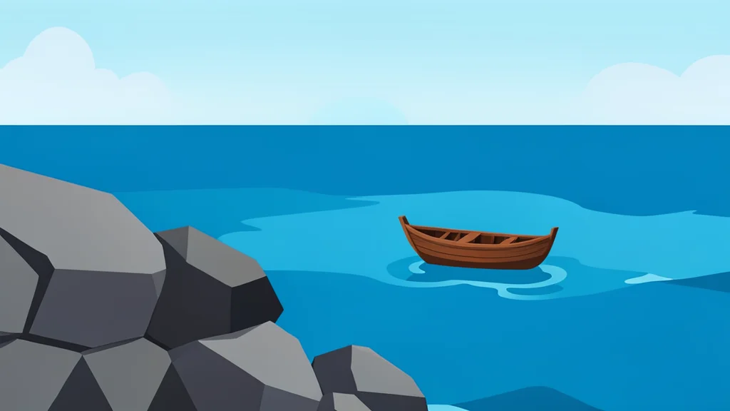 A rocky coastline meeting the sea with a small wooden boat floating on the water