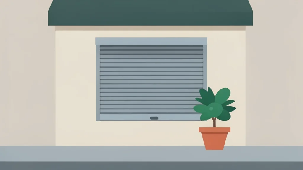 A small storefront with a closed shutter and a single potted plant on the sidewalk.