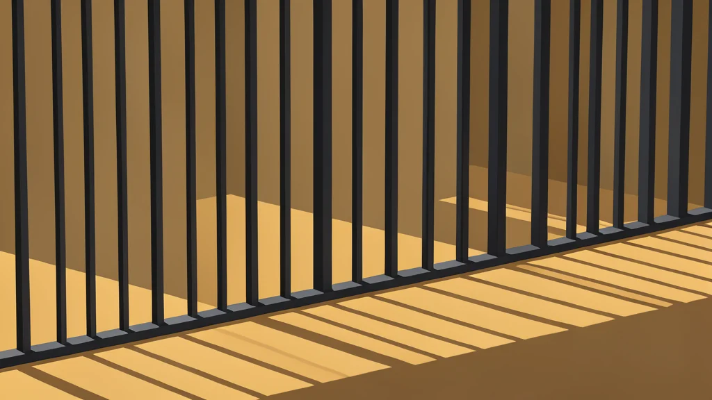 A row of heavy metal prison bars casting long shadows on a sun-baked concrete floor