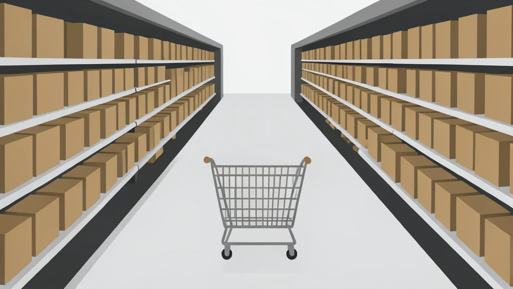 A long supermarket aisle with shelves of generic packaged goods and a shopping cart
