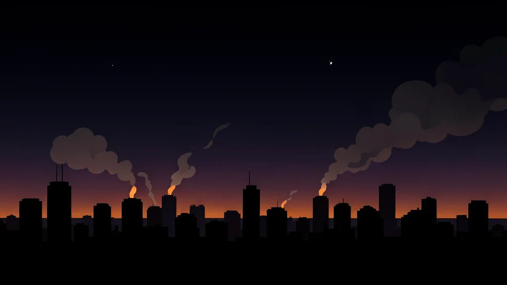 A dark night sky over a city skyline with distant orange glows and smoke rising from the horizon
