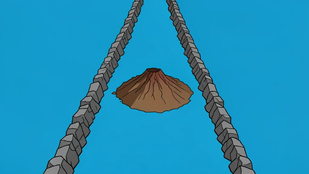 A flat-vector illustration of a narrow, rocky strait connecting two large bodies of water with a small, barren volcanic island in the center.