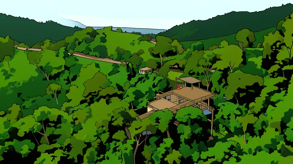 A dense, green mountain forest with a gravel road winding through it