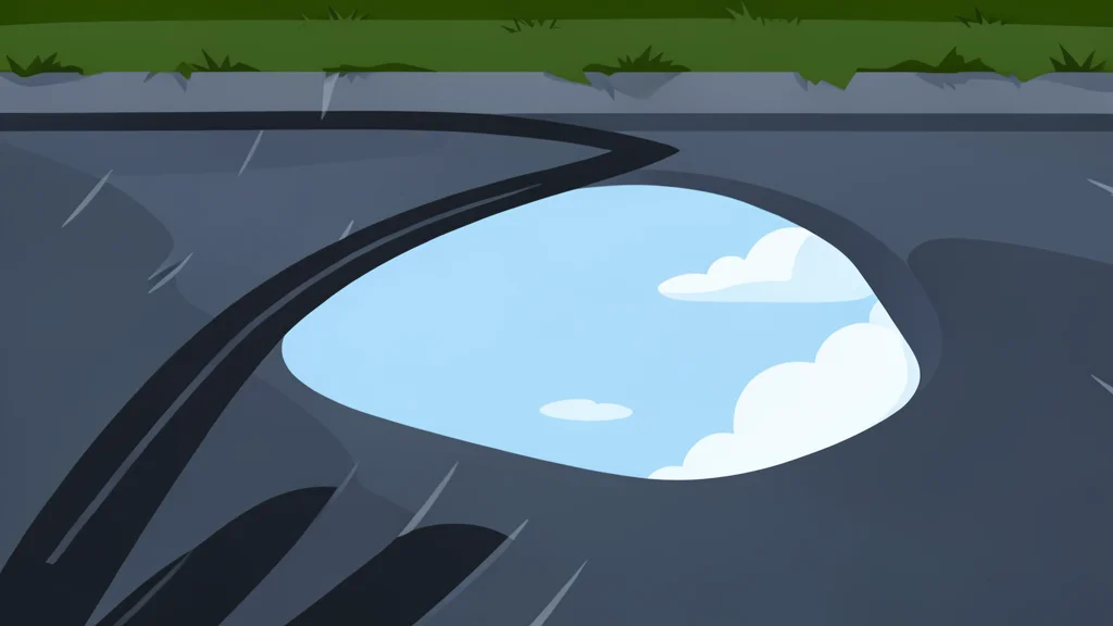 A wet asphalt racing circuit with tire marks and puddles reflecting the sky