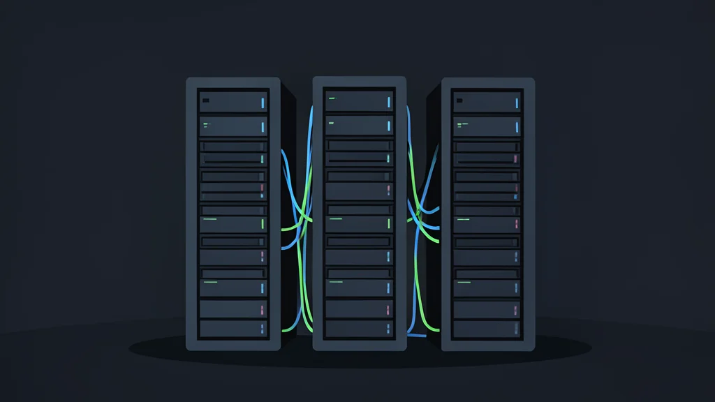 A cluster of interconnected server racks in a dimly lit room