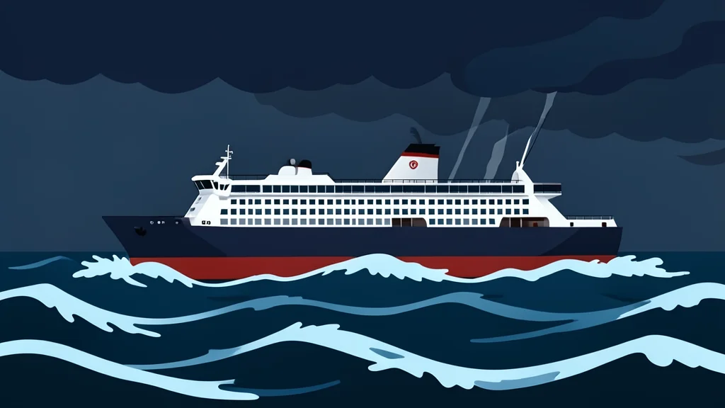 A large passenger ferry navigating through rough, choppy ocean waves under a dark, stormy sky