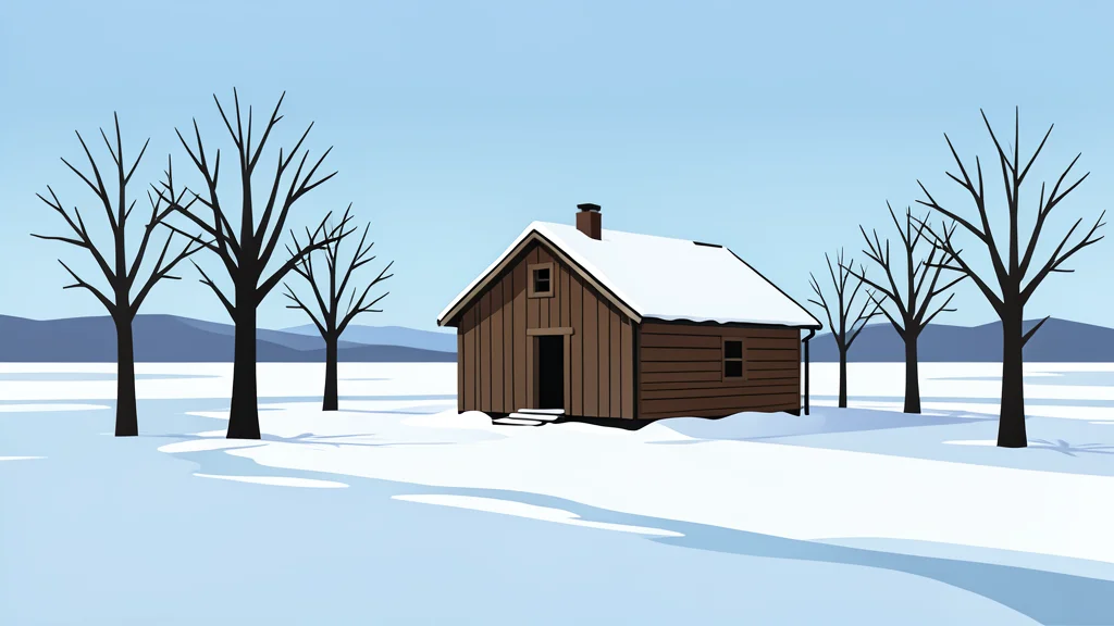 A desolate, snow-covered rural landscape with a single, isolated wooden house standing amidst bare trees and frozen fields.