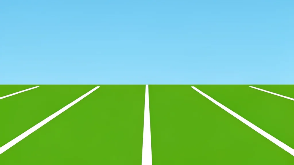 A grassy football field with white yard lines stretching into the distance under a clear sky