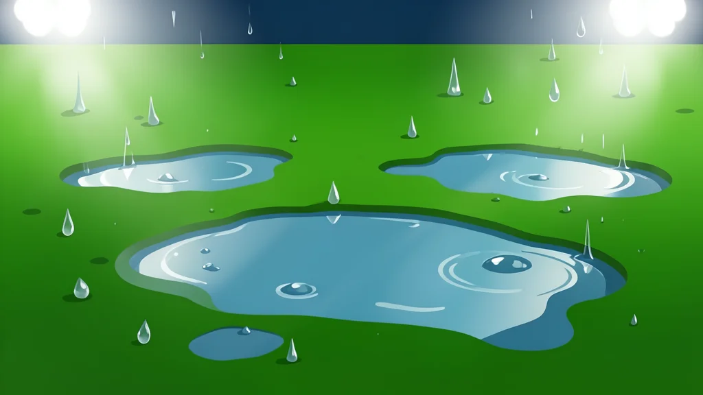 A grass football pitch under heavy rain with puddles reflecting stadium lights
