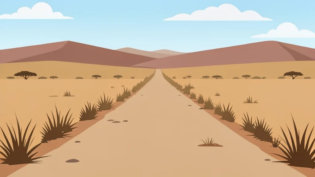 A dusty rural road winding through dry grasslands in the Gedo region with distant hills under a clear sky