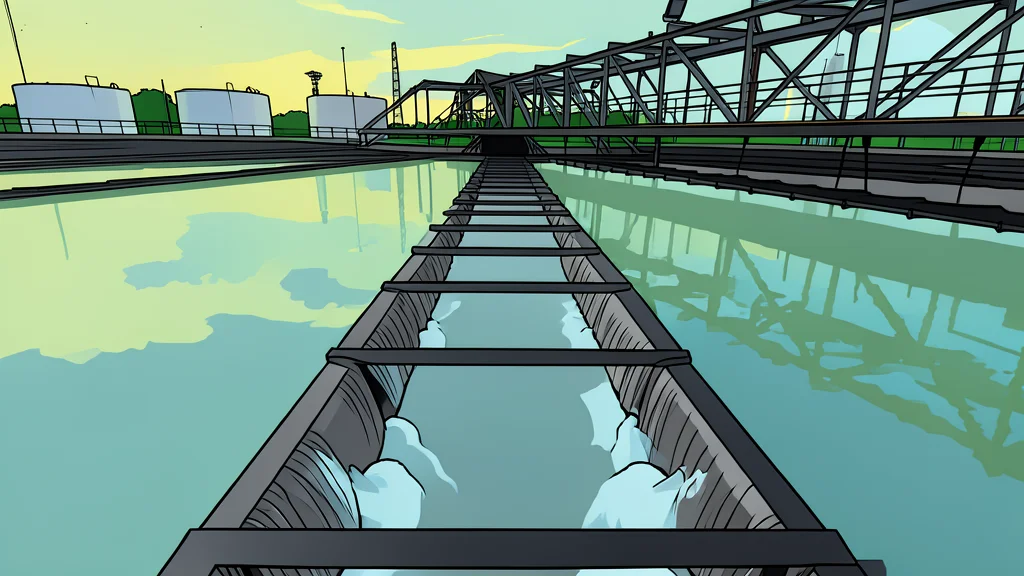 A water treatment facility with large circular concrete basins and metal pipes