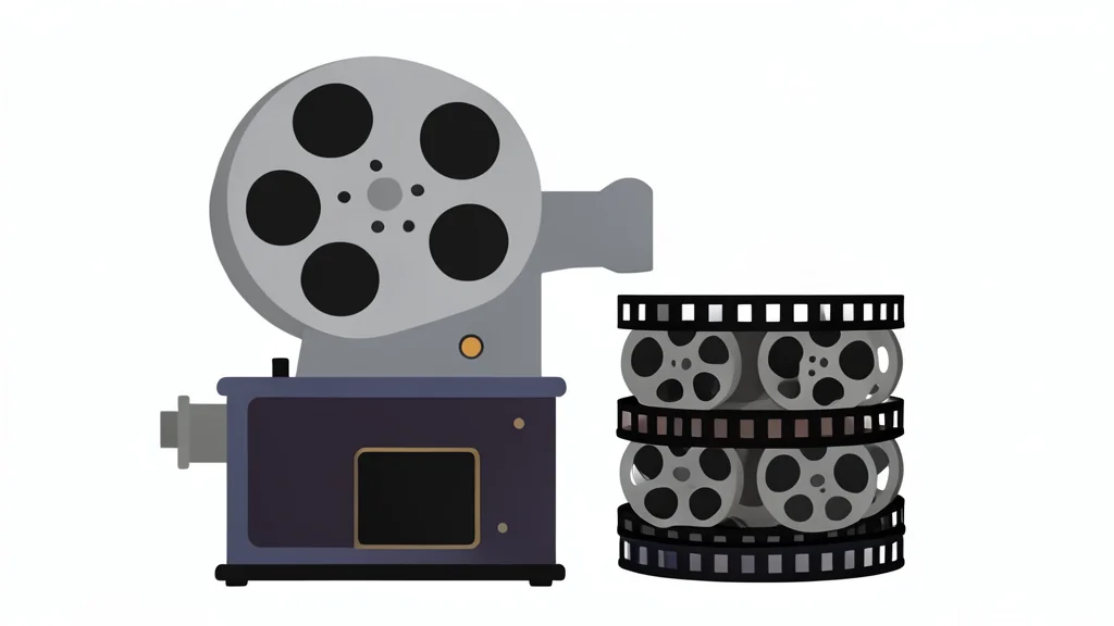 A vintage cinema projector and a stack of film reels