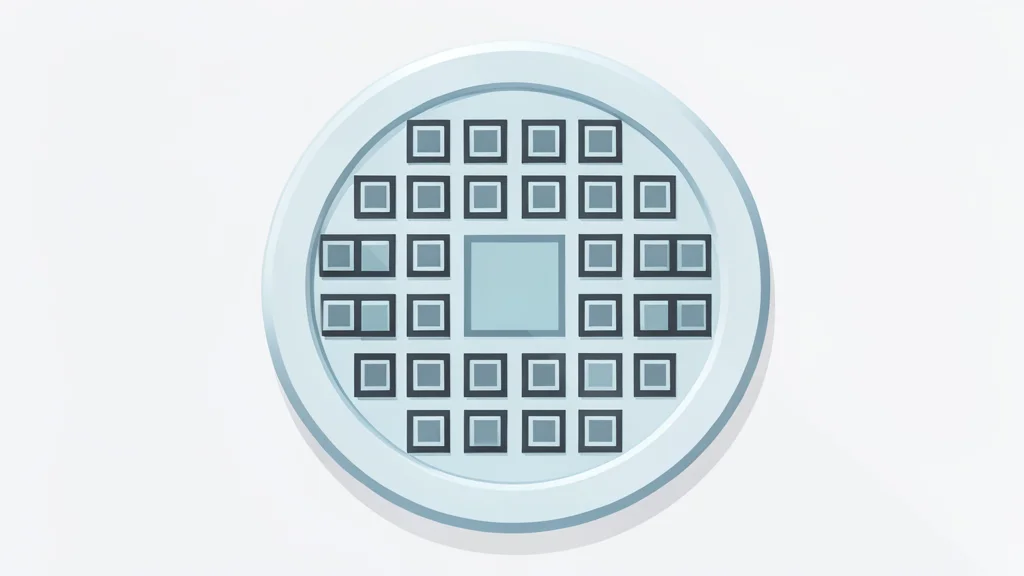 A close-up view of a silicon wafer with a grid of square chips resting on a clean laboratory surface.