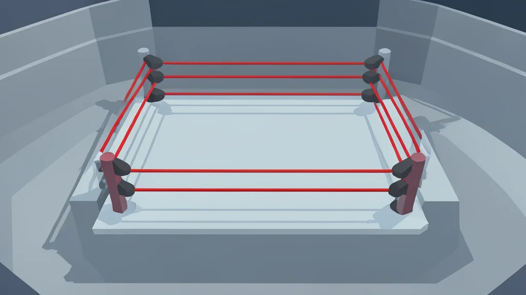 A professional wrestling ring with red ropes and turnbuckles, viewed from a high angle in an empty arena.