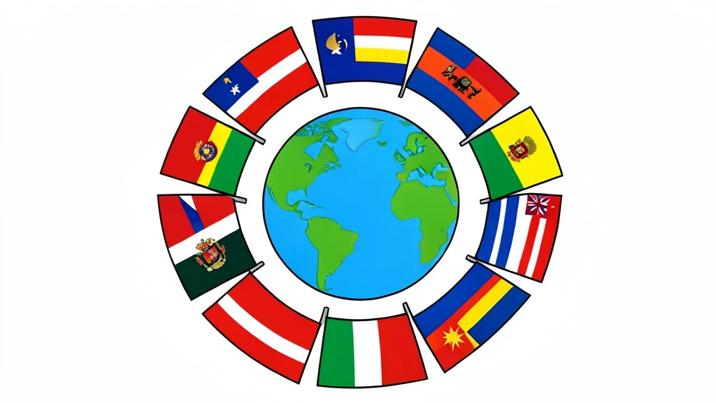 A cluster of diverse national flags arranged in a circular formation around a central globe