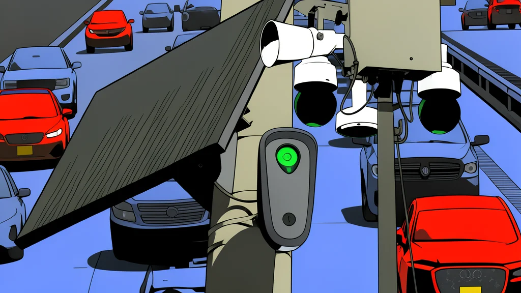 A single surveillance camera mounted on a pole overlooking a quiet suburban street.