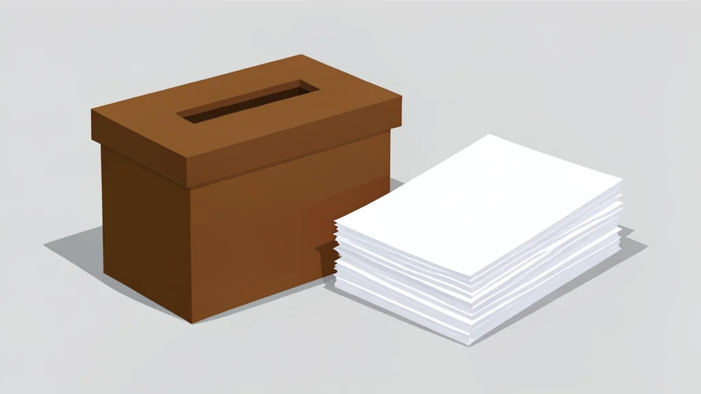 A stack of blank paper ballots and a wooden ballot box