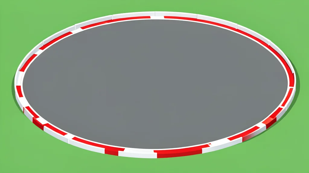 A paved oval racing circuit with red and white curbs and tire barriers