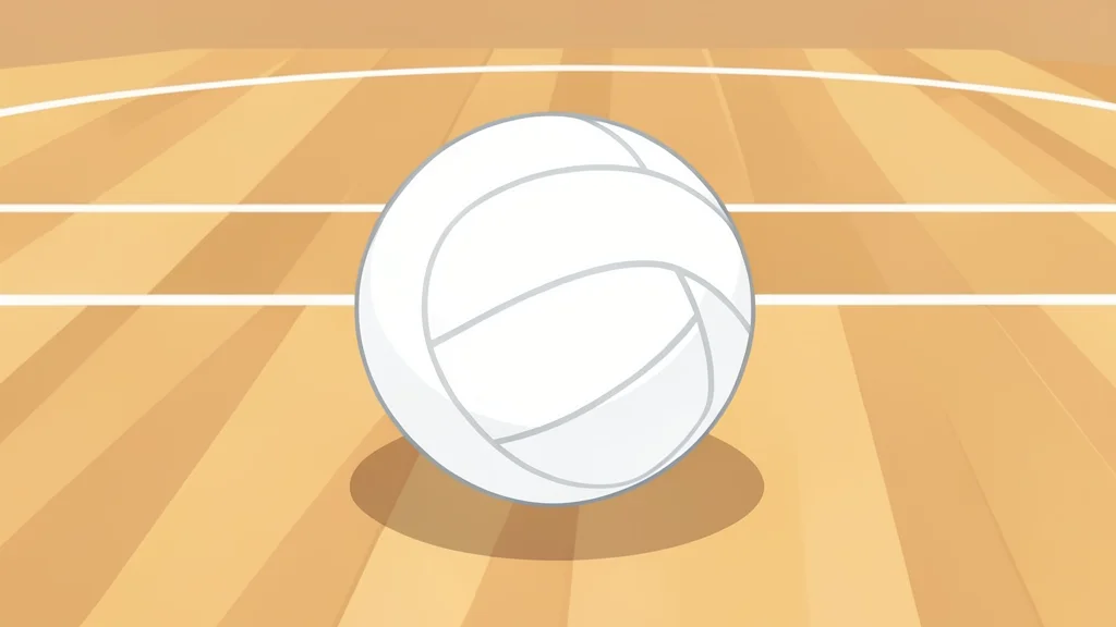 A white volleyball resting on a polished wooden gymnasium floor