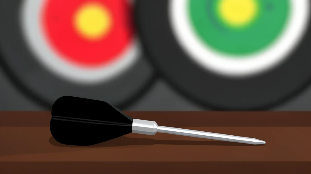 A close-up of a dartboard with a red and green target face and a single dart stuck in the center