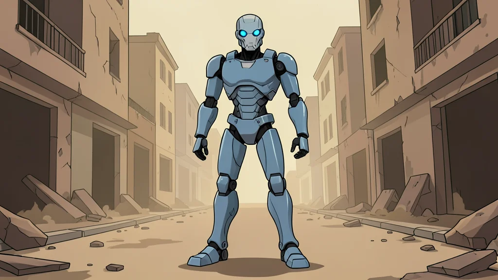 A flat-vector illustration of a bipedal humanoid robot standing in a dusty, ruined urban street.