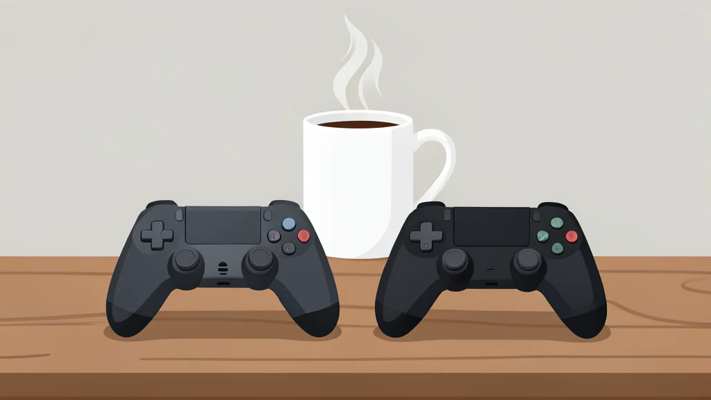 A pair of ergonomic gaming controllers resting on a wooden desk next to a steaming mug of coffee