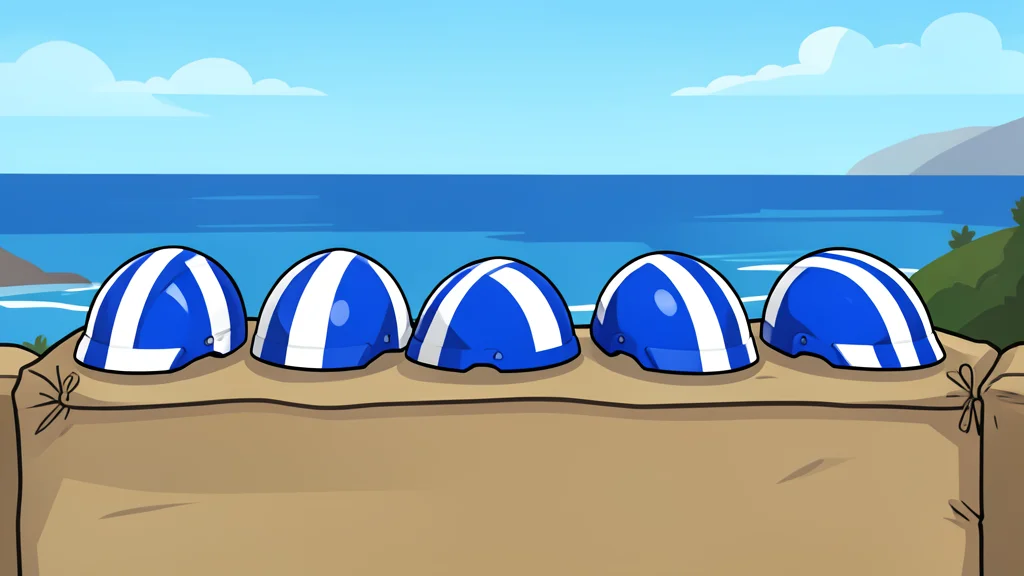 A row of blue and white striped helmets resting on a sandbag barrier overlooking a coastal landscape