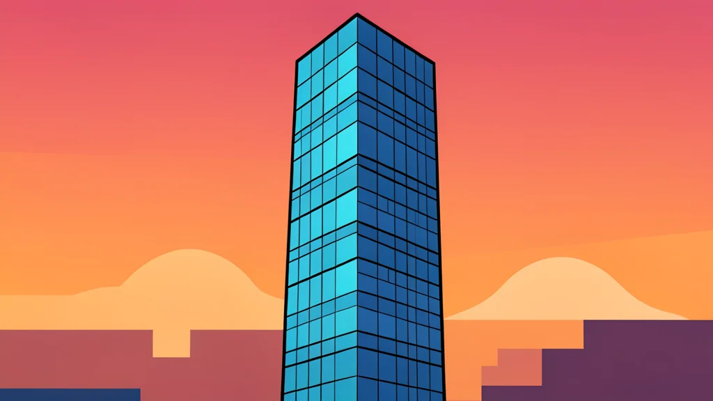 A modern glass skyscraper reflecting the sunset sky