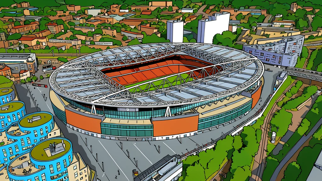 A large, modern football stadium with a distinctive retractable roof structure and tiered seating, viewed from a distance at dusk.