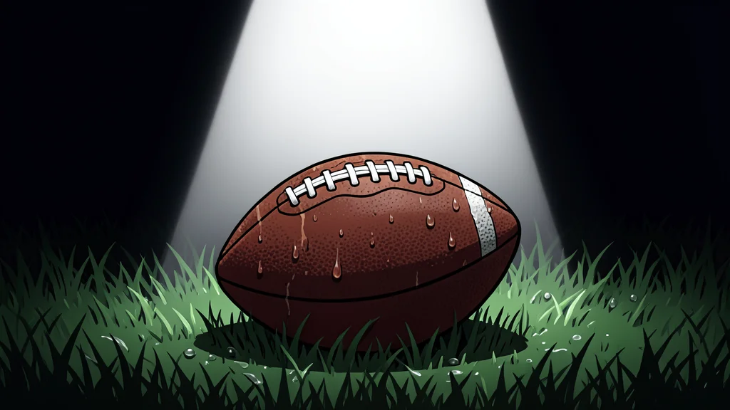 A football resting on the grass of a stadium pitch under floodlights