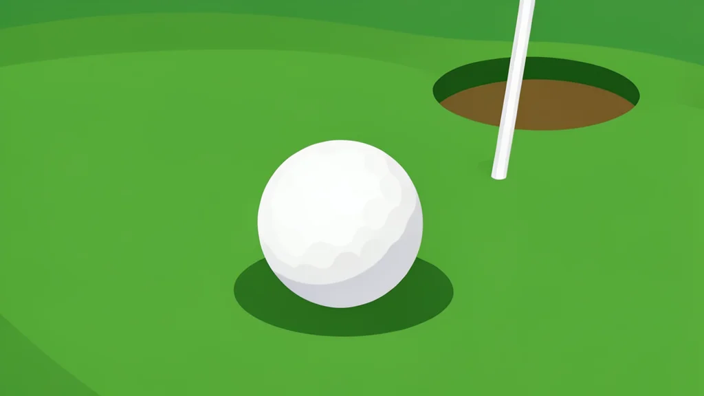 A golf club resting on a green grassy surface near a white flag in a hole