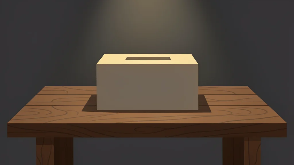 A solitary ballot box resting on a simple wooden table in a dimly lit room.