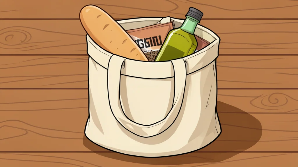 A neatly stacked pile of generic grocery bags and a pet food bag on a wooden table