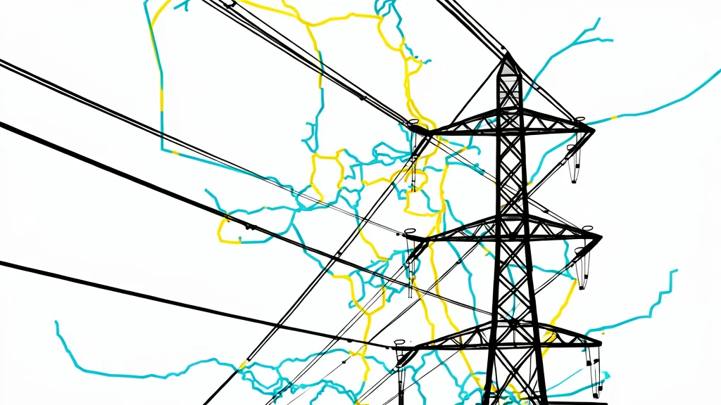 A high-voltage electricity pylon standing in a rural field with power lines stretching into the distance