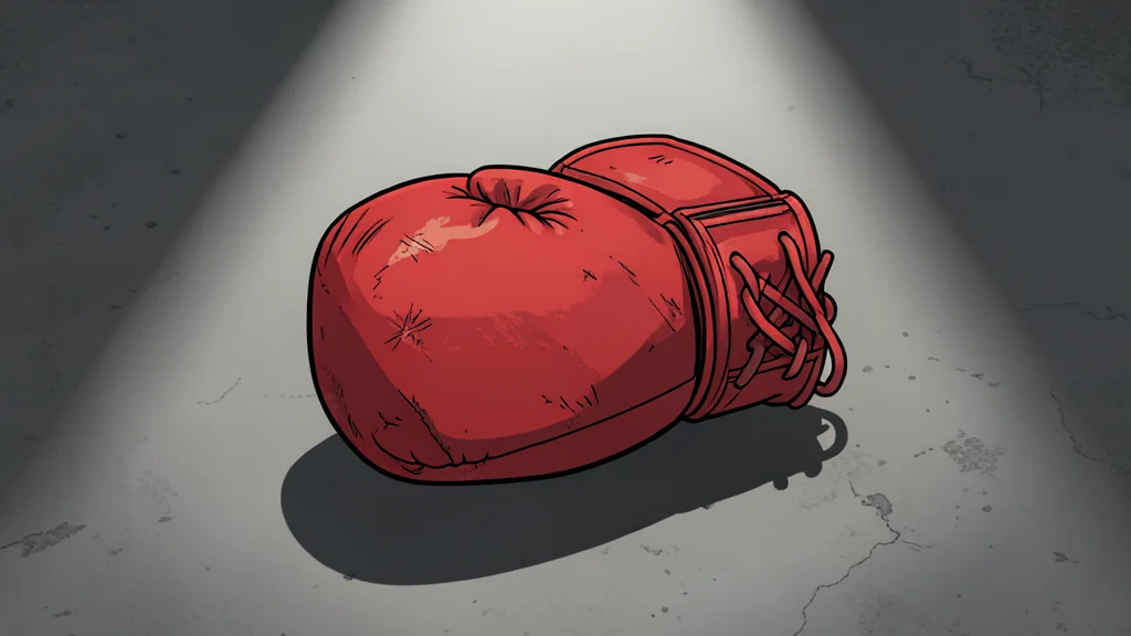 A pair of red boxing gloves resting on a worn leather stool in a dimly lit corner of a gym