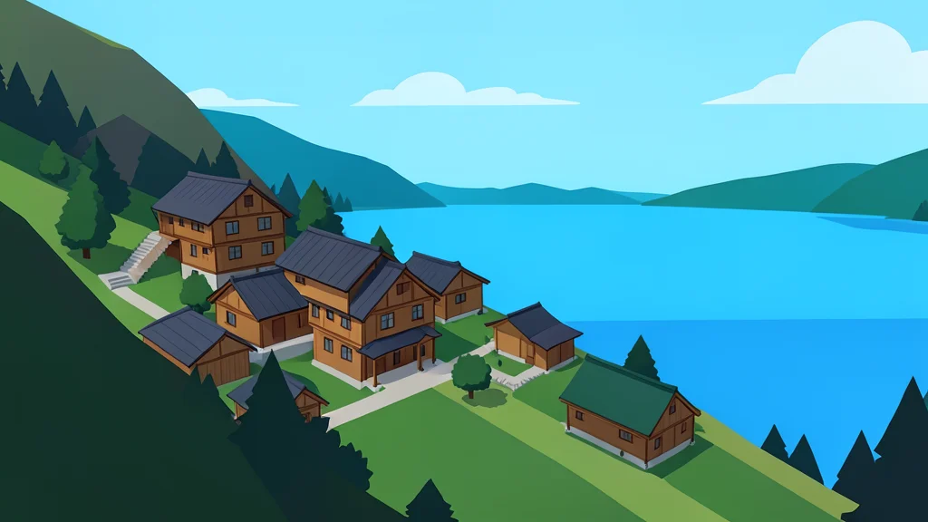 A cluster of traditional wooden houses built on a steep hillside overlooking a large lake