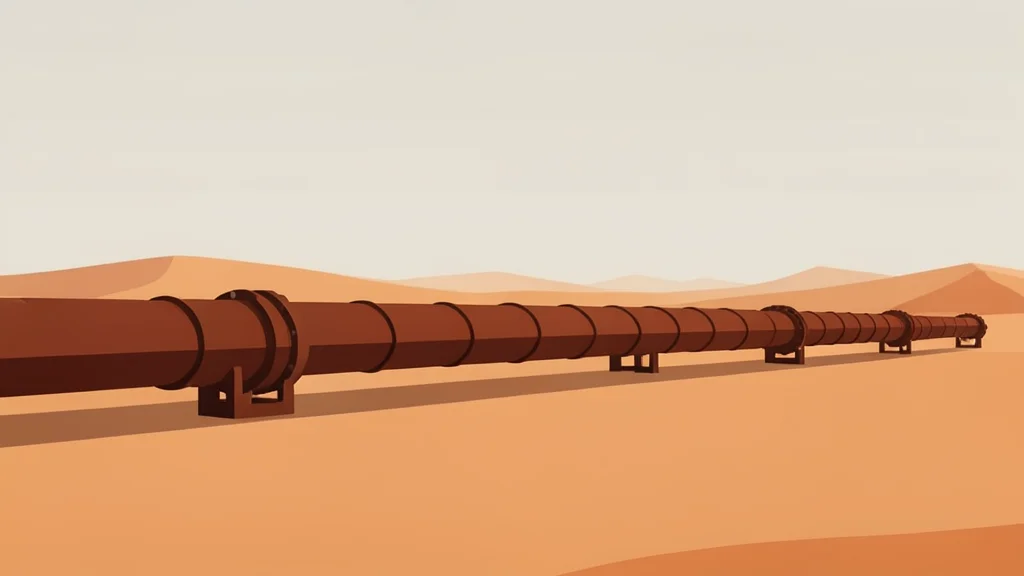 A long, rusted steel pipeline stretching across a vast, arid desert landscape under a hazy sky